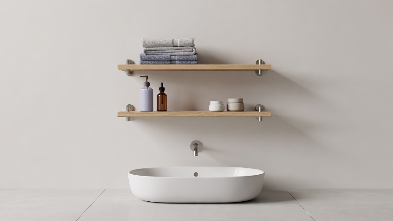 Illustrative bathroom shelf beside a basin with towels, bottles and clear floor space beneath