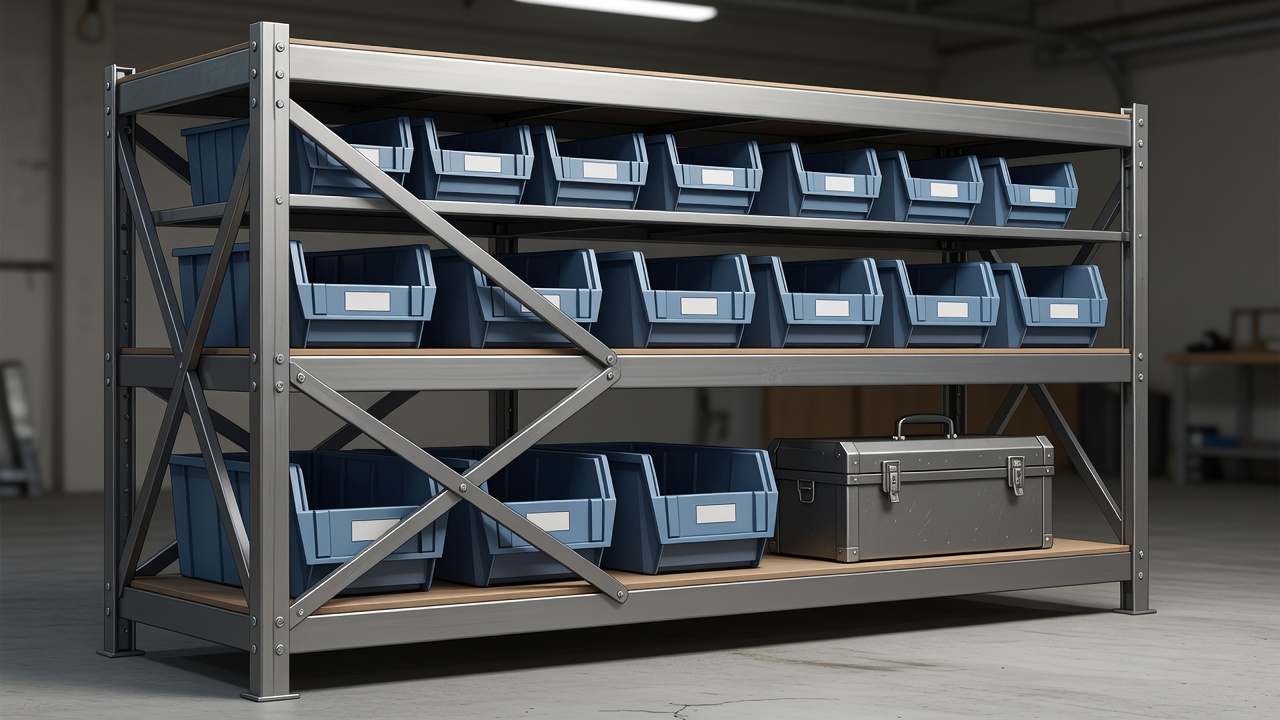 Illustrative steel utility rack with labelled bins, a toolbox and visible shelf bracing