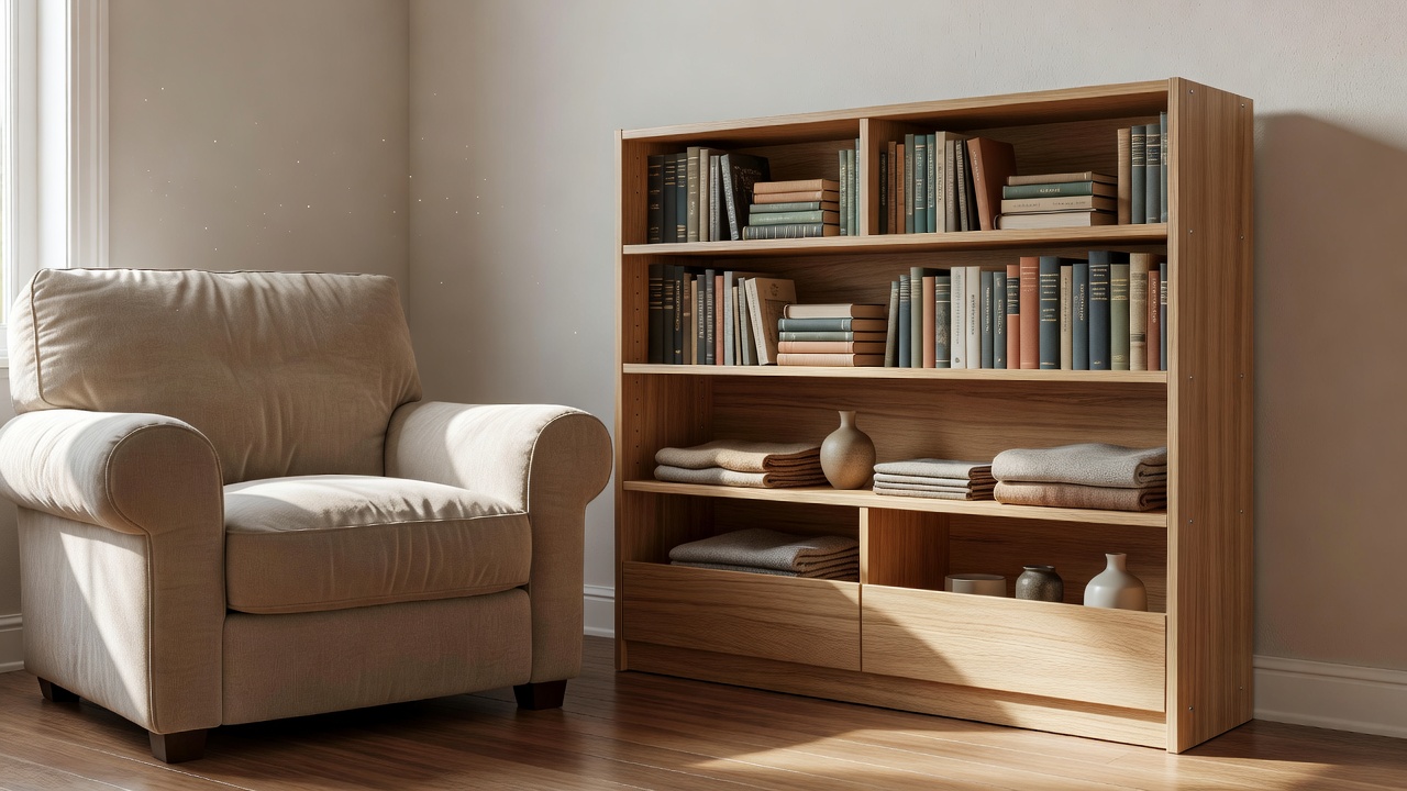 Illustrative adjustable bookcase beside an armchair, showing shallow book shelves and a lower storage bay