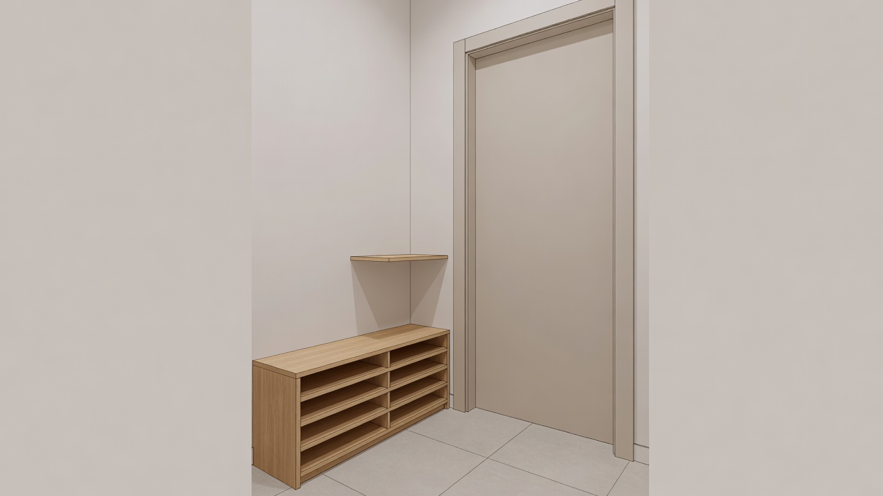 Illustrative entryway with a shallow shoe unit, a small landing shelf and a door frame for scale